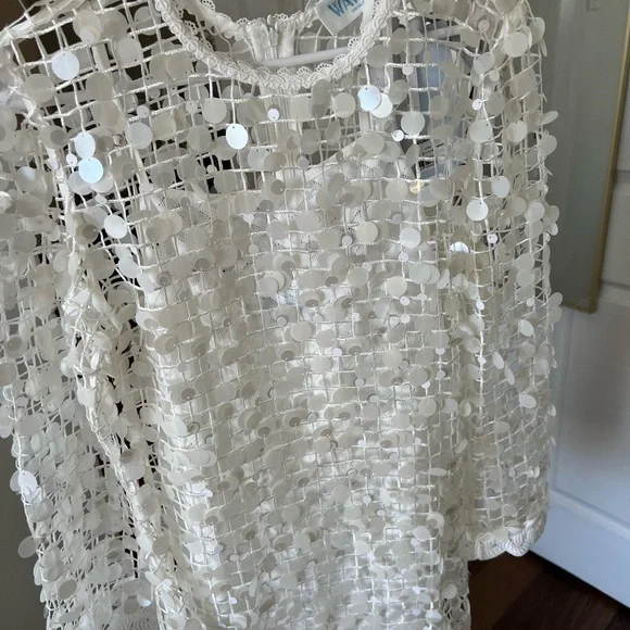 White Sequin Mesh Bell-Sleeve Midi Dress - Picture 6 of 6